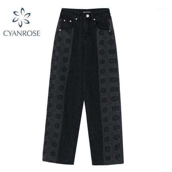 

vintage print long denim pants women 2020 autumn winter high waist wide straight jeans trousers female fashion oversized pants1, Blue