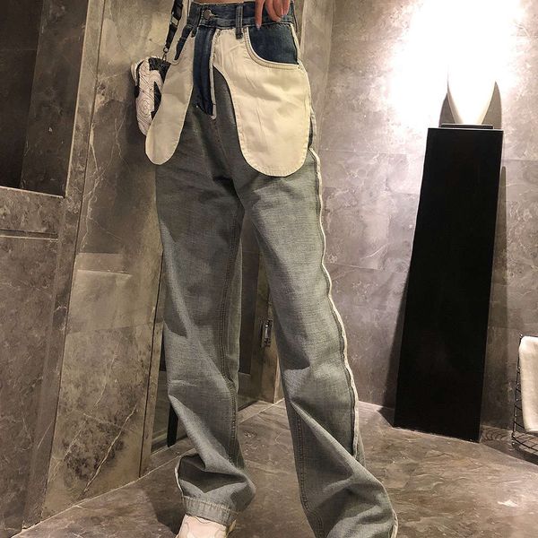 

high waist straight jeans women's spring summer 2020 new reverse dign loose and thin wide leg daddy pants 0058, Blue