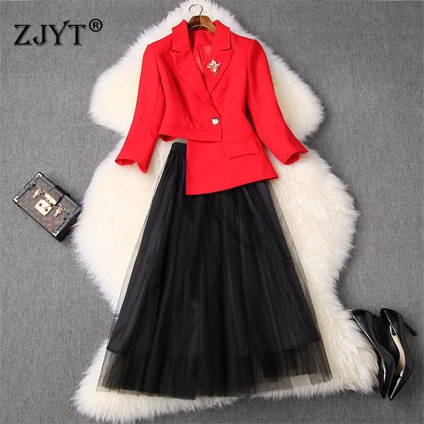 

2020 new spring designers office lady skirt 2piece set women fashion irregular blazer suit long tulle skirt suit twinset, White