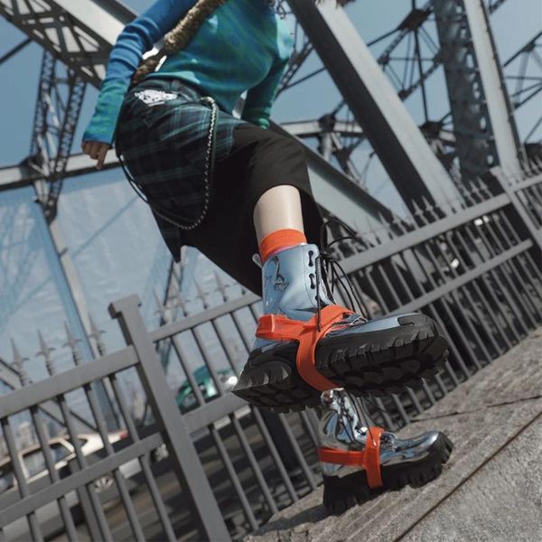 

deat] 2020 round head thick bottom lace up silver pu leather single shoes women cool boots new spring summer fashion tide sg978, Black