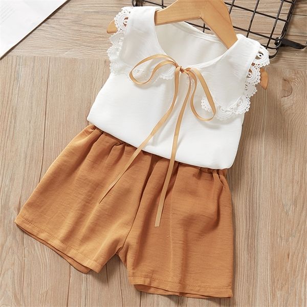 

kids clothes sailor suits style doll collar cotton linen clothes sets summer boys girls short-sleeve t-shirt + shorts 2pcs suits y200623, White