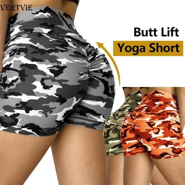 

yoga outfits vertvie women high waist sport shorts camouflage print scrunch buworkout running fitness leggings biker1, White;red