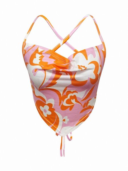 

floral print lace up tied backless bandana crop 57om#, White