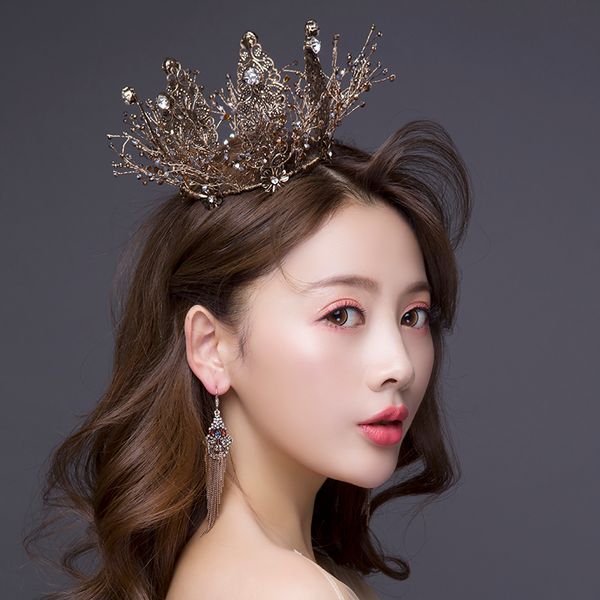 

bridal jet crystal queen round crown earrings wedding dress dinner headdress accessories, Silver