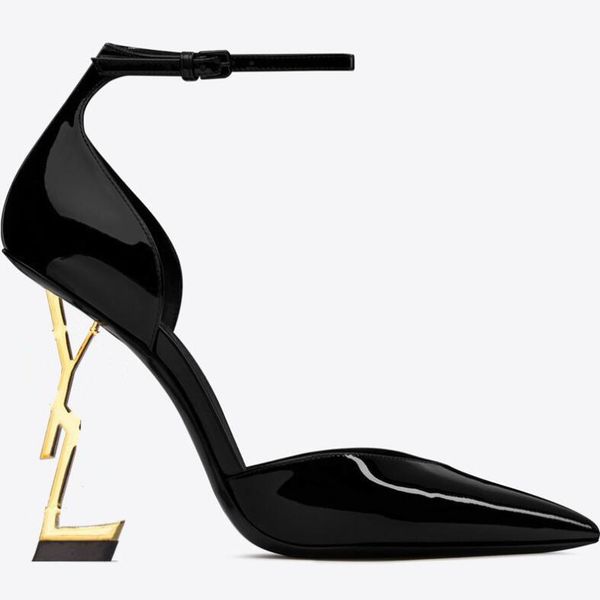 

2021 new style y genuine leather patent leather high-heeled single shoes female pointed letter heel stiletto party shoes,10cm, Black