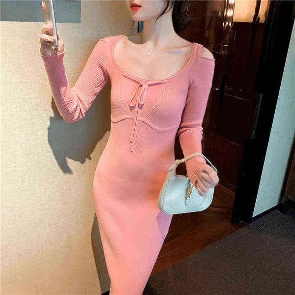 

casual dresses open shoulder pink knit bottomed dresses autumn women's french hepburn, Black;gray