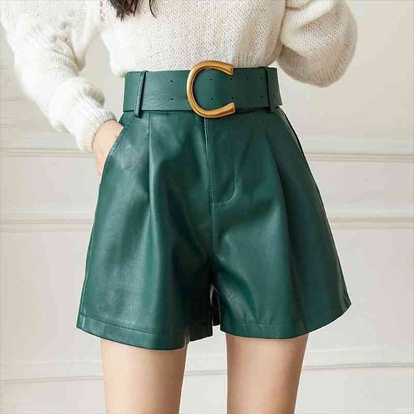

streetwear pu leather shorts women autumn winter plus size loose high waist shorts with belt fashion short femme, White;black