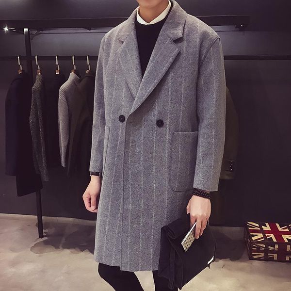 

men's jackets windbreaker autumn and winter loose stripes double breasted woolen coat male, Black;brown