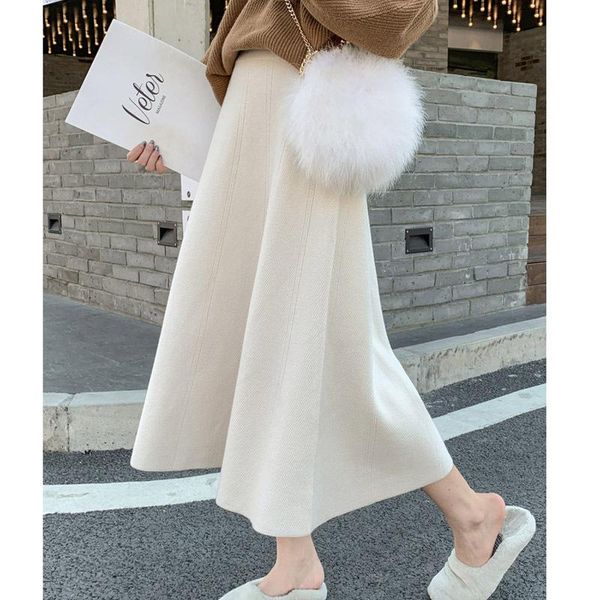 

autumnand winter knitted skirts all-match mid-length high-waist a-line woolen skirts that cover the hips and slim women's, Black