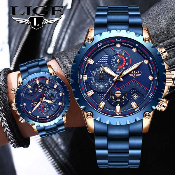 

brand lige watches fashion blue stainless steel waterproof sport watch men quartz clock male chronograph reloj hombre, Slivery;brown