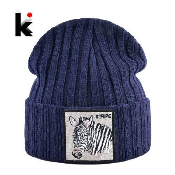 

knitted beanie hats for men autumn winter skullies beanies with embroidery zebra patch fashion knitting hat women hip hop gorras y201024, Blue;gray