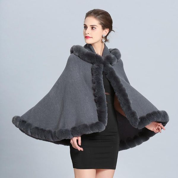 

european women cloak faux fur patchwork woolen coats 2020 autumn winter female hooded outerwear wool jackets party clothing, Black