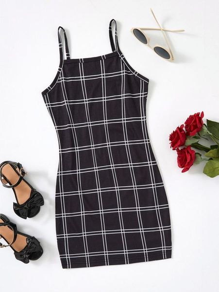 

girls plaid print cami dress she, Red;yellow