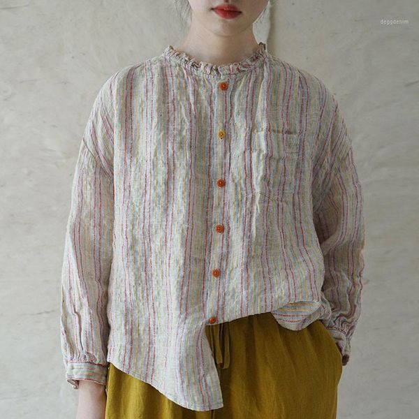 

women's blouses & shirts johnature autumn fashion stripe stand long sleeve single breasted cotton linen shirt 2021 retro leisure all-ma, White