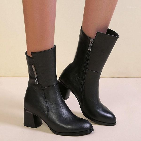 

winter leather boots women lady warm fretwork heels winter retro zip short plush inside shoes boots botas mujer invierno 2020#n31, Black