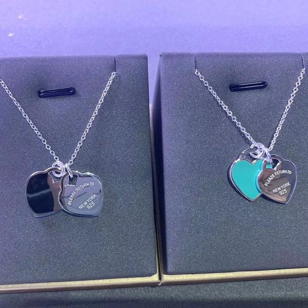 

tiffon classics enamel big double heart-shapedÂ pendantÂ necklace ladies 925 sterling silver original jewelry valentine gift