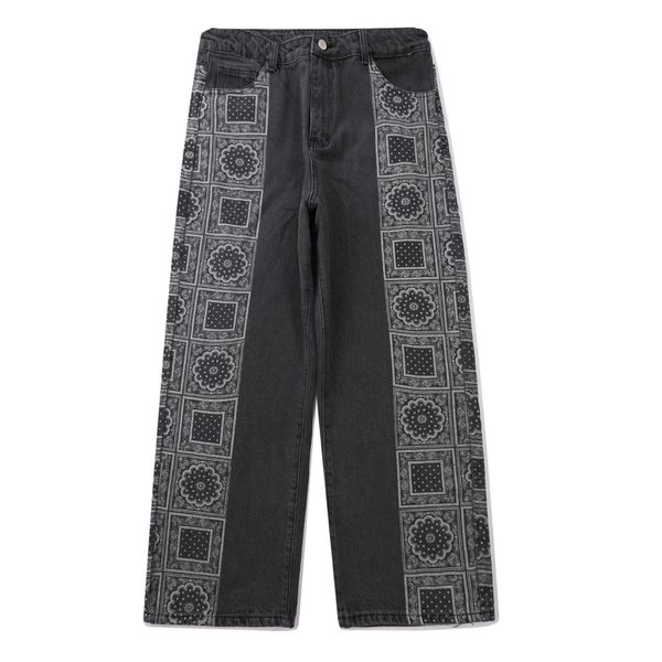 

2021 new hip hop patchwork side pattern print denim jeans casual streetwear harajuku straight pant man oversized jogger men trousers axx8, Blue