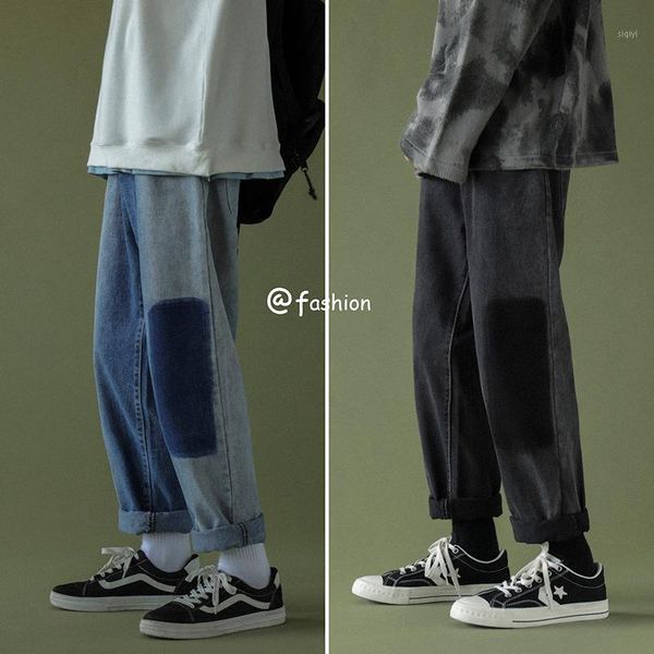 

korean men jeans fashion patchwork man casual harem pants harajuku men's denim pants loose straight trousers male black 2xl1, Blue