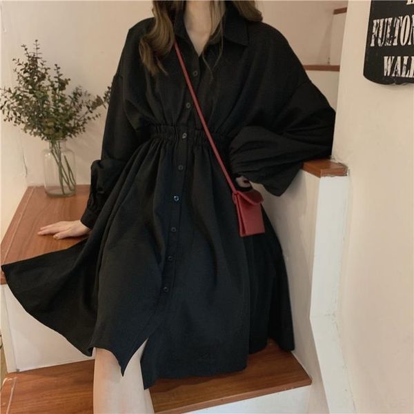 

9dv59 2020 new autumn women's long mid length skirt long dress korean chic french sleeve shirt skirt black zdca2, Black;gray