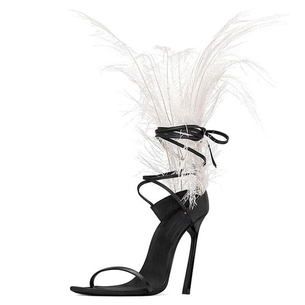 

black feather for women ostrich hair decor thin high heels dance shoes ladies fur sandals party zapatos de mujer y200323