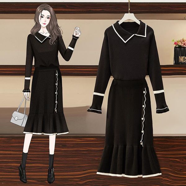 

women's tracksuits knitted skirt + sweater 2 piece set women outfits long sleeve turn-down collar pullover black office lady wear plus, Gray