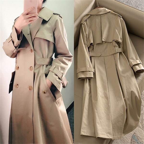 

khaki double-breasted trench coat women autumn british lapel long windbreaker clothes femme loose cloak dust coat spring outwear lj200903, Tan;black