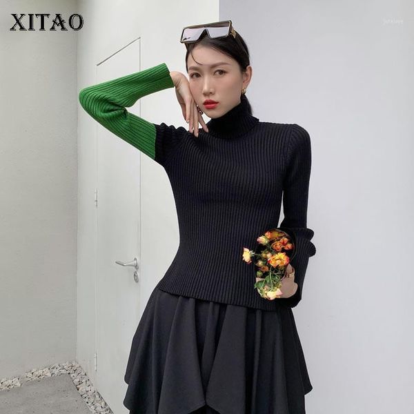 

xitao splicing contrast color sweater side slit short knitting turtleneck pullover winter new women fashion all-match zy23951, White;black
