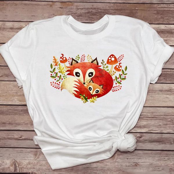 

women t shirts cartoon lovely clothing casual 90s cute fox animal ladies print graphic t lady shirt female tee shirt, White