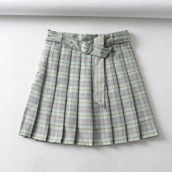 

2020 plaid pleated skirt short skirt women's new retro belt high waist college wind-proof a-line skirt thin fashion spring y1214, Black