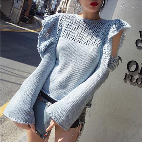 

ewq] 2019 autumn new hook flower hollow flare sleeve pullovers ladies knit flare sleeve slim-fit tight sweater ql221051, White;black