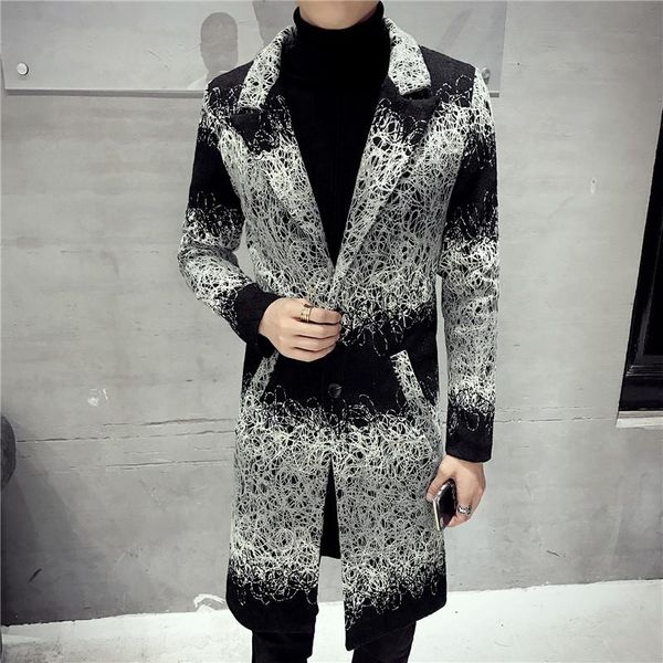 

men wool jacket warm winter trench coat long outwear button overcoat stand collar casual windbreaker overcoat jackets blends, Black