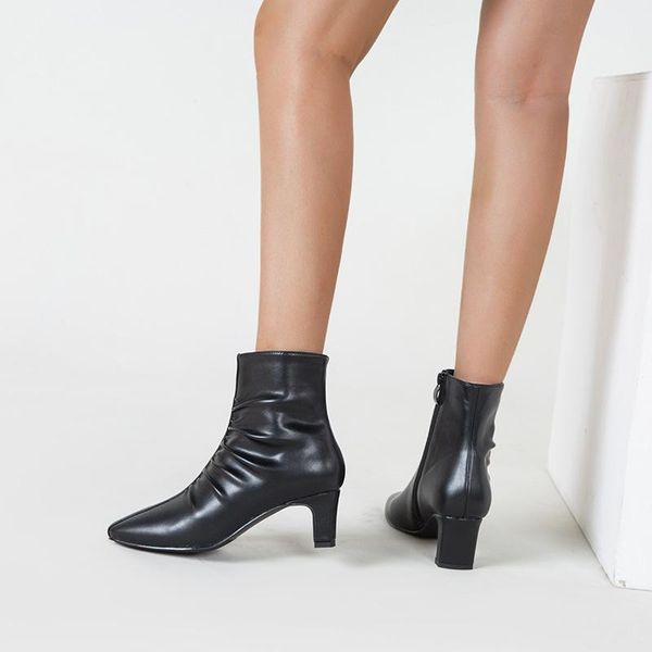 

boots woman high heels square toe ankle autumn winter black pu leather pleated punk ladies shoes botas mujer