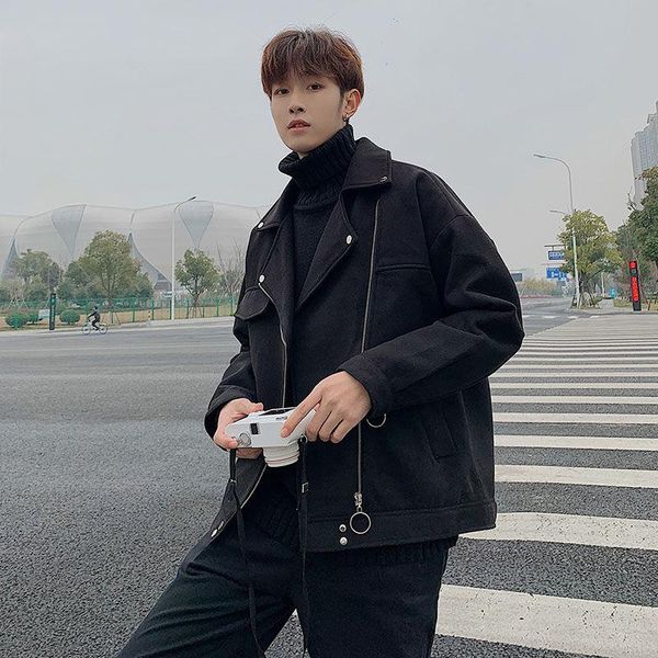 

2020 winter men's casual high-quality woolen blends lapel collar coats loose jacket fashion black color outerwear size s-3xl