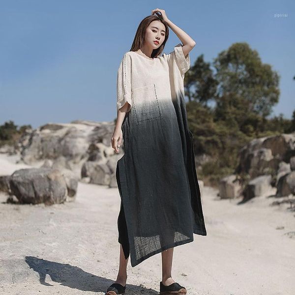 

johnature women cotton linen dresses bat sleeve embroidery robes 2020 summer new o-neck vintage women clothing casual dresses1, Black;gray