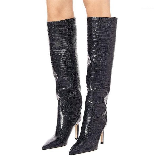 

boots 2021 brand women fashion high heels knee faux leather pointed toe thin heel winter warm female1, Black