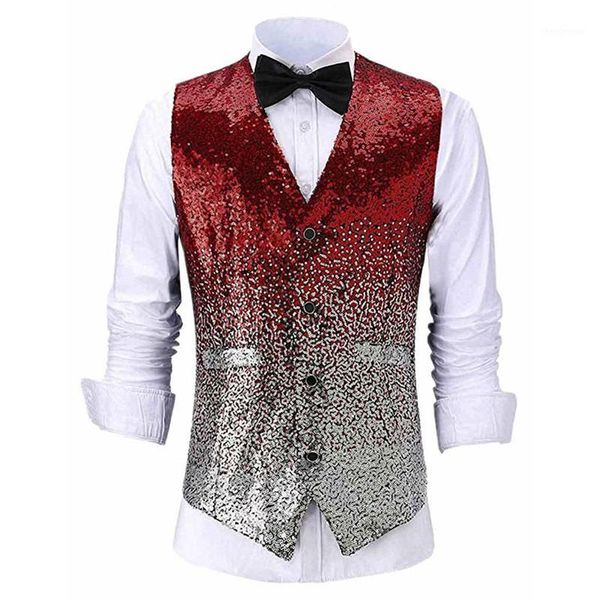 

2019 new mens shiny gradient color tuxedo vest single breasted circus performance vest nightclub waistcoat slim fit1, Black;white