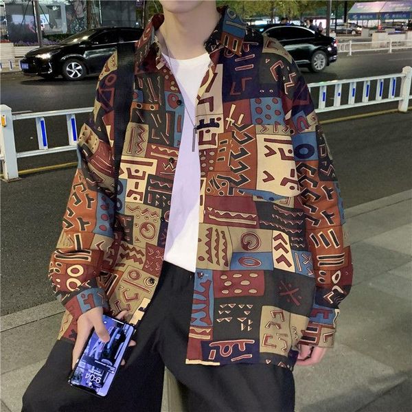 

men's casual shirts 2021 spring and autumn youth loose large size floral printed long sleeve shirt fashion single breasted top, White;black