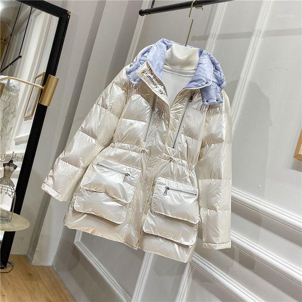 

2020 new women winter korean coat white duck down parkas lady thick warm hooded bright surface all-match oversize jackets s1801, Black