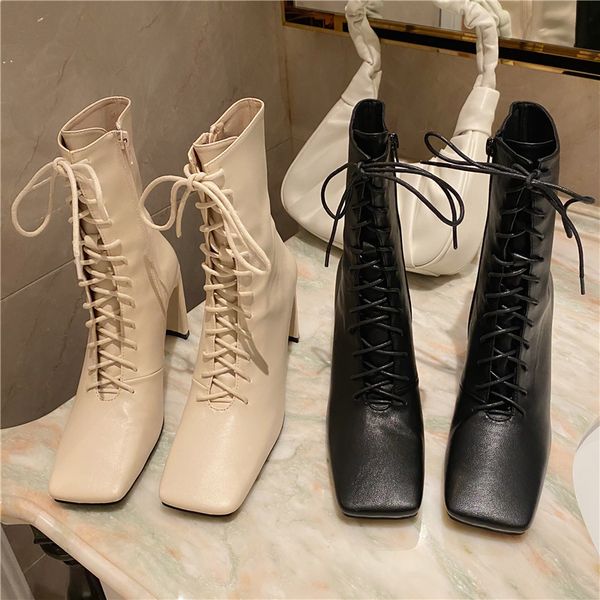 

2021 female ins luxury fetish ankle beige block heel high toe high-quality rent up martin boots 6u7r, Black