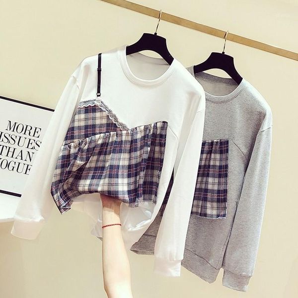 

women's hoodies & sweatshirts faux two piece female 2021 autumn plaid patchwork o neck pullovers long sleeve casual students sweatshirt, Black