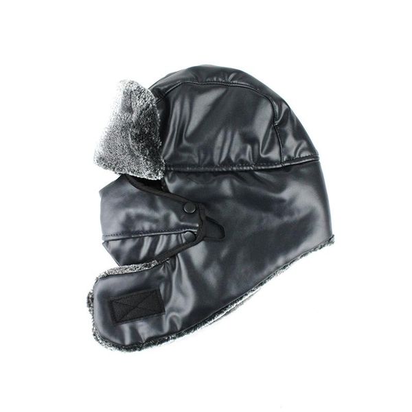 

flb] bomber hats russian ushanka vintage pu leather earflap trapper men women winter warm snow ski cap with fack mask f18065 wmtyhf, Black;white