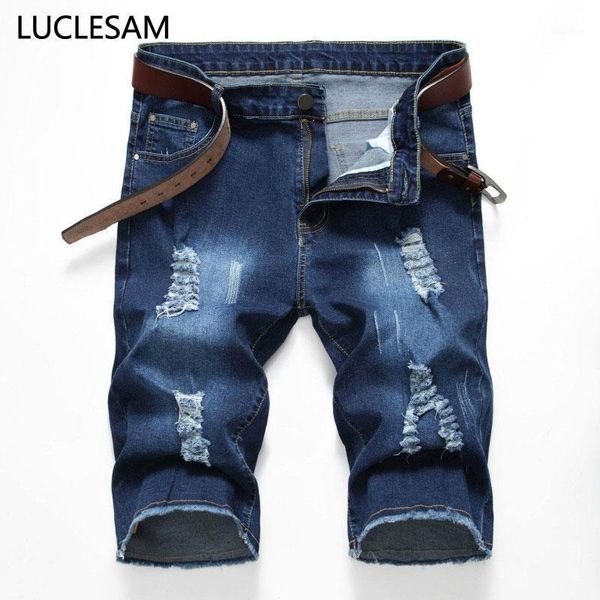 

straight ripped denim shorts men 2020 new summer casual destroyed hole denim shorts stretchy designer distressed biker 421, Blue