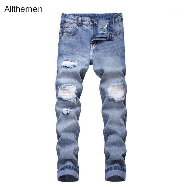 

allthemen men's jeans pant denim straight overalls casual light blue denim trousers ripped jeans1