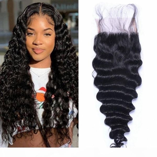 

peruvian virgin hair 4*4 lace closure deep wave closure 8-20 inch human hair closures with baby hair, Black;brown