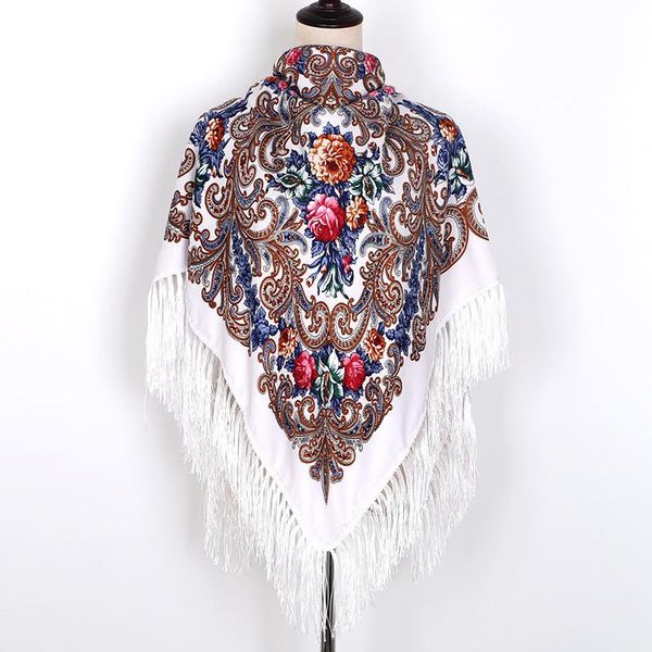 

130*130cm russian national big square scarf for women cotton ethnic style print head scarves ladies retro fringed blanket shawl, Blue;gray
