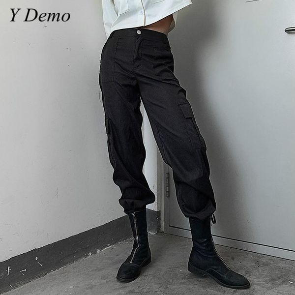 

techwear safari style solid color pants women high waist pocket button female cargo pants 2020, Black;white