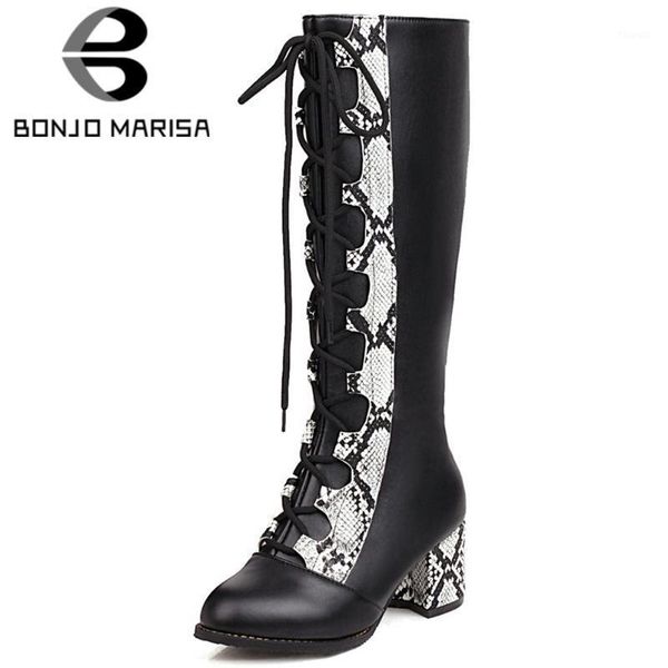 

bonjomarisa ladies mature patchwork high boots fashion dress snake print mid-calf boots women high block heels women shoes1, Black