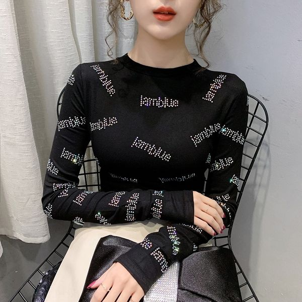 

nremx women's new bright diamond t-shirt with black coat neck 9zvnb foreign style long sleeve in autumn crew t-shirt winter 2020 9zvn, White