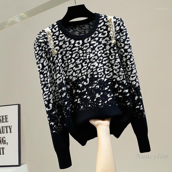

chain pleated puff sleeve sweater women round neck pullovers female all-matching casual leopard print sweaters jumper, White;black