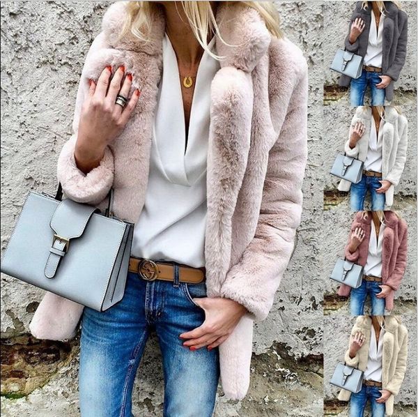 

european and american autumn and winter 202020latest cross-border casual solid color long sleeve lapel womens fluff coat overcoat, Black